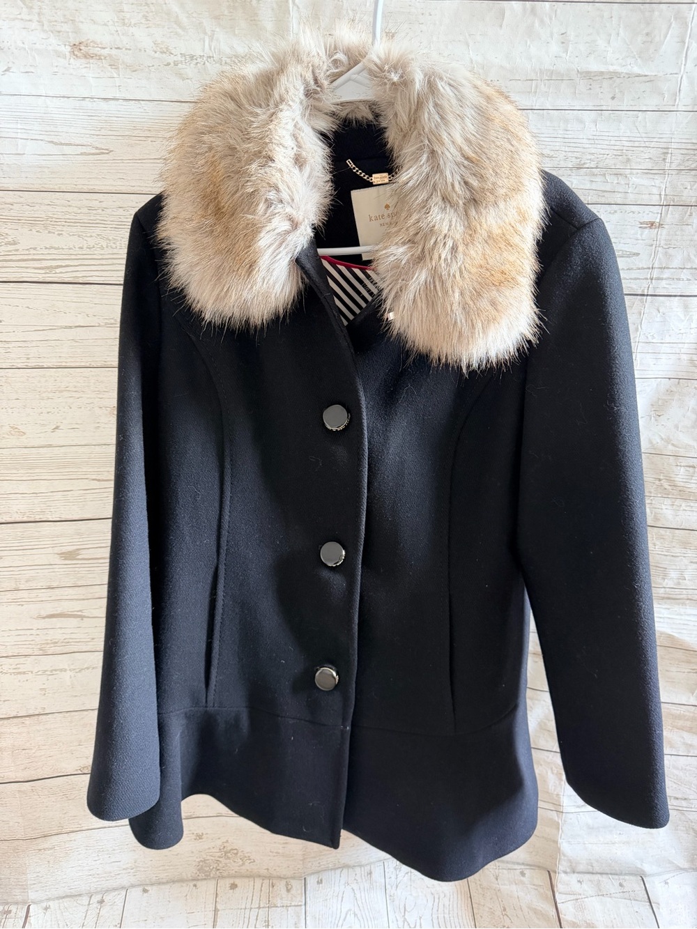 kate spade Black Coat with Faux Fur Collar